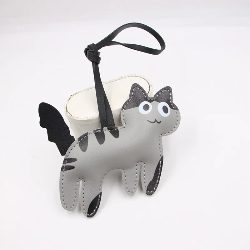 Fashion PU Leather Cat Pendant Keychain Cute Animal Keyring Women Bag Charm Handbag Hanging Decoration For Girl Gifts