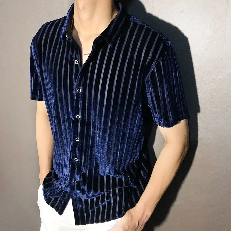 High Quality Shirt Trendy Transparent Blue Stripe Shirt Men Sexy Velvet Shirt Men Short Sleeve Clothing See Through Social Club