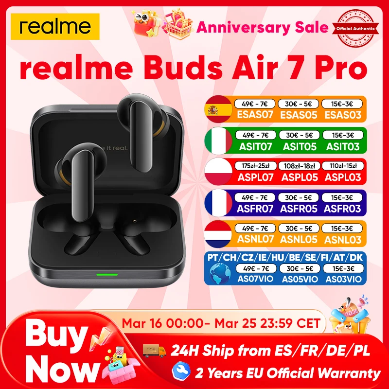 Écouteurs Bluetooth realme Buds Air 7 Pro Ai 53Db 48 heures d'autonomie de la batterie Hi-Res Lhdc 5.0 pour realme 16 Pro Plus realme Gt 8 Pro 4