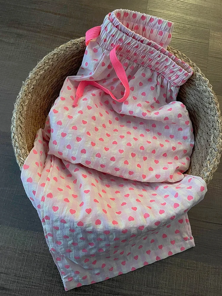 

Sweet Pink Heart Print Home Pants Women's Spring Autumn New Sle Teenager Walking Pants Can Be Worn outside Large Size