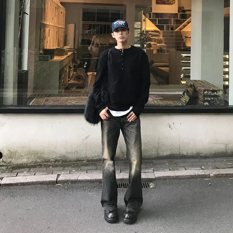 

High Waist Straight Leg Micro Flared Jeans Men's Autumn OOTD High Street Sle Wear Resistant Loose Fit Jeans Youth Trend