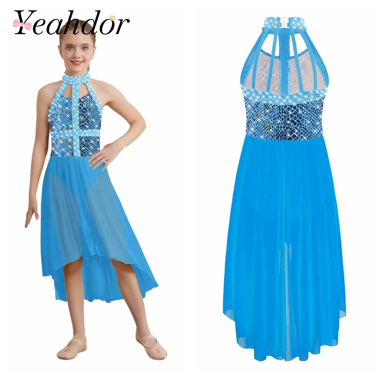 

Kids Dance Dress for Girls Contemporary Lyrical Dance Costume Halter Sleeveless Skating Dress Rhinestones Ballet Leotard Dress
