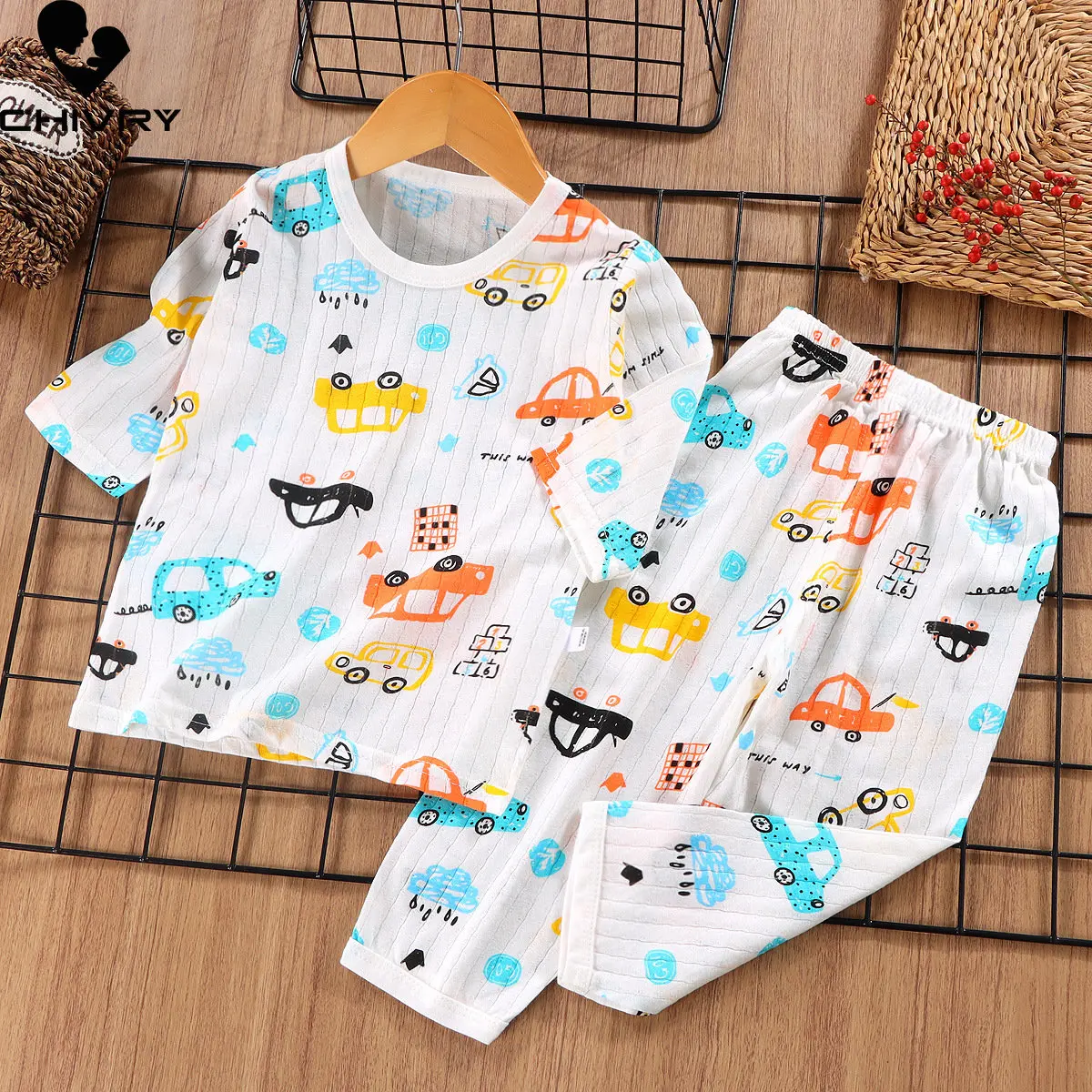 Kids Boys Girls Pajamas 2023 Summer Thin Cute Cartoon Three-quarter Sleeve T-Shirt Tops with Pants Baby Sleeping Clothing Sets