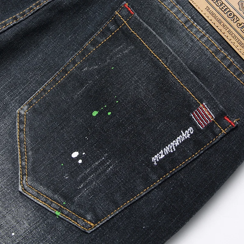 Fashion New Slim Stretch Ripped Jeans Men\'s Streetwear Paint Spots Denim Pants Hip Hop Punk Personality Hole Male Trousers