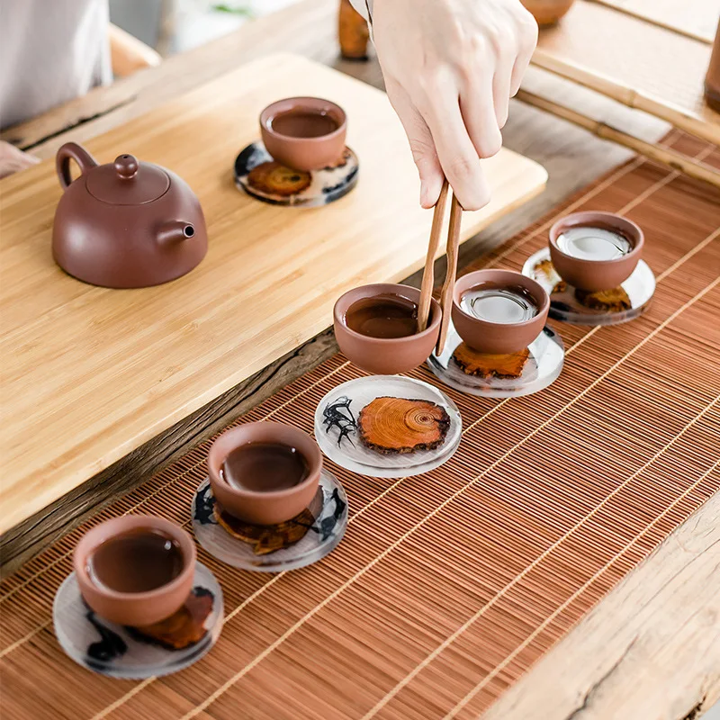 Wooden tea cup pad Resin thermal insulation pad Simple cup holder Creative gasket Tea ceremony spare parts Household cypress