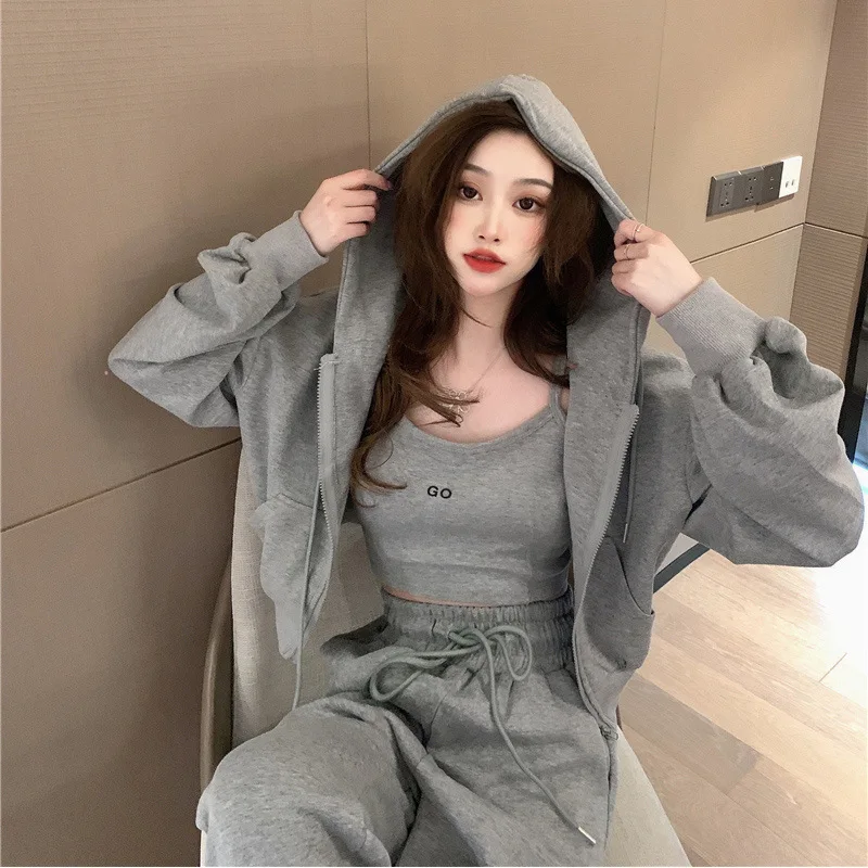 Korean 3-piece Set New Casual Sports Suit Women\'s Pants Zipper Hoodie Coat Women\'s Suspenders Sweatshirts Trouser Y2k Clothes