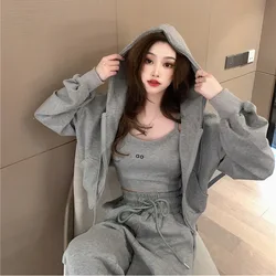 Korean 3-piece Set New Casual Sports Suit Women's Pants Zipper Hoodie Coat Women's Suspenders Sweatshirts Trouser Y2k Clothes