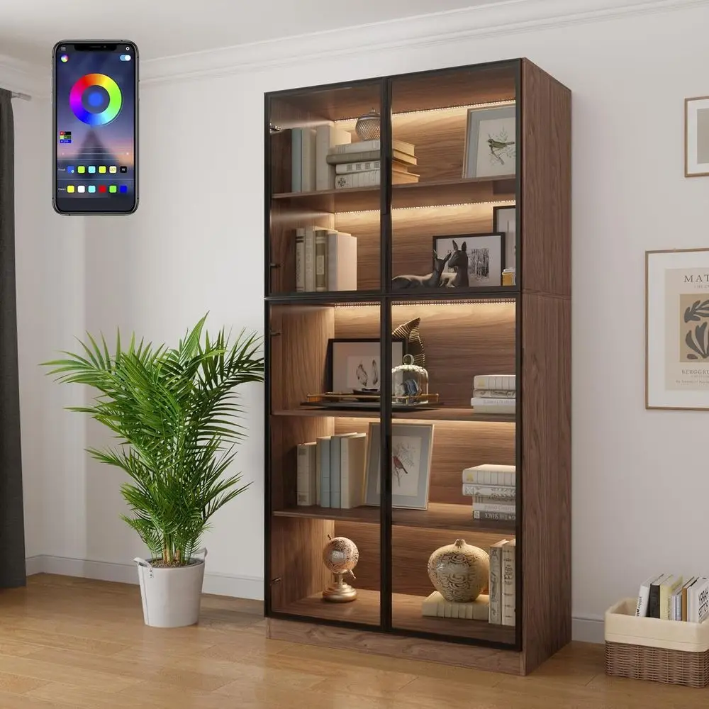 78.7 LED-lit 5-Tier Glass Door Display Cabinet, Tall Walnut Storage Bookcase for Living Room & Office