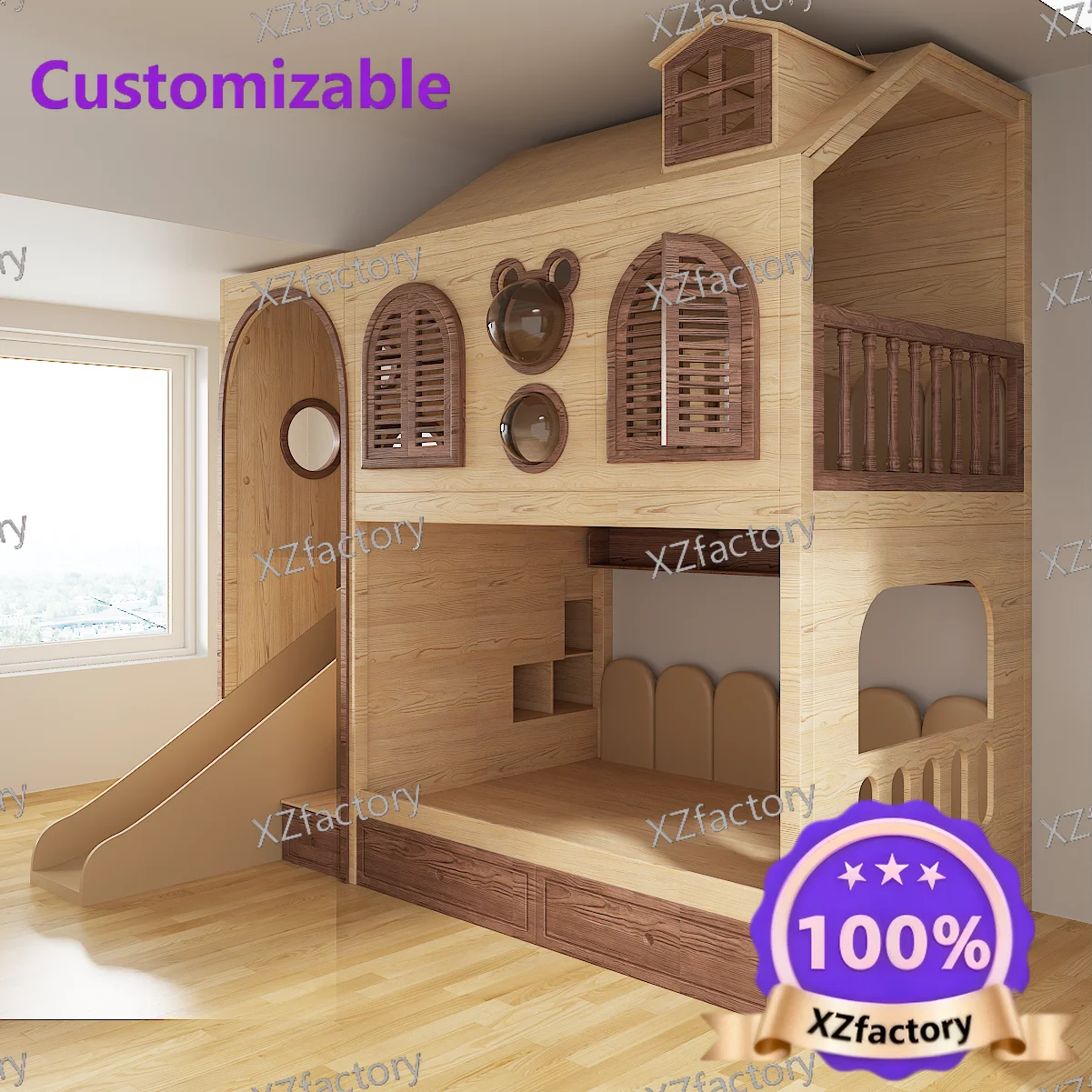 

Full Custom Solid Wood Kids Room Tree House Bunk Bed with Upper and Lower Double Layers, High Guardrail for Boys and Girls