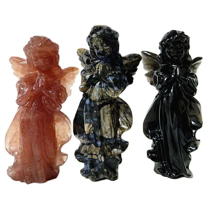 

Angel Figurine Natural Stone Crystals Statue Home Decoration Strawberry Quartz Maison Sculptures & Figurines Obsidian Angeles