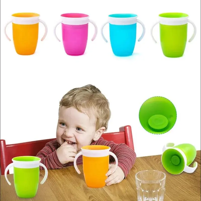 Taza de aprendizaje para bebé con tapa abatible de doble ASA, taza a prueba de fugas, 360 grados, se puede girar