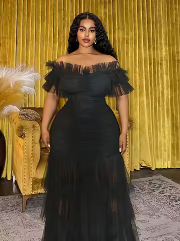 Plus Size Black Off-Shoulder Sheer Ruffle Maxi Dress Bohemian Elegant Formal Evening Party