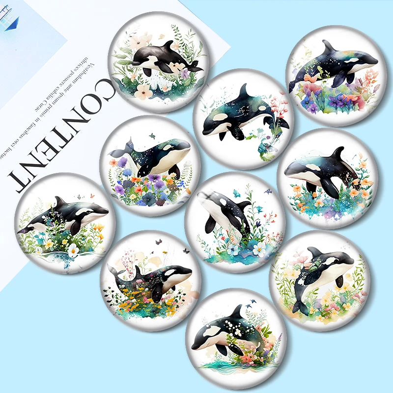 

Retro Watercolor Whale and Flowers 12mm/18mm/20mm/25mm Round Photo glass cabochon demo flat back Making findings