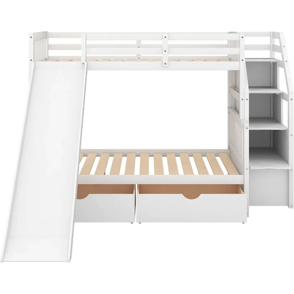 Bunk Bed with Slide, Wood Bunk Bed Twin Over Full Size with Storage Drawers for Kids ,Twin Over Full Bunk Bed with Stairs