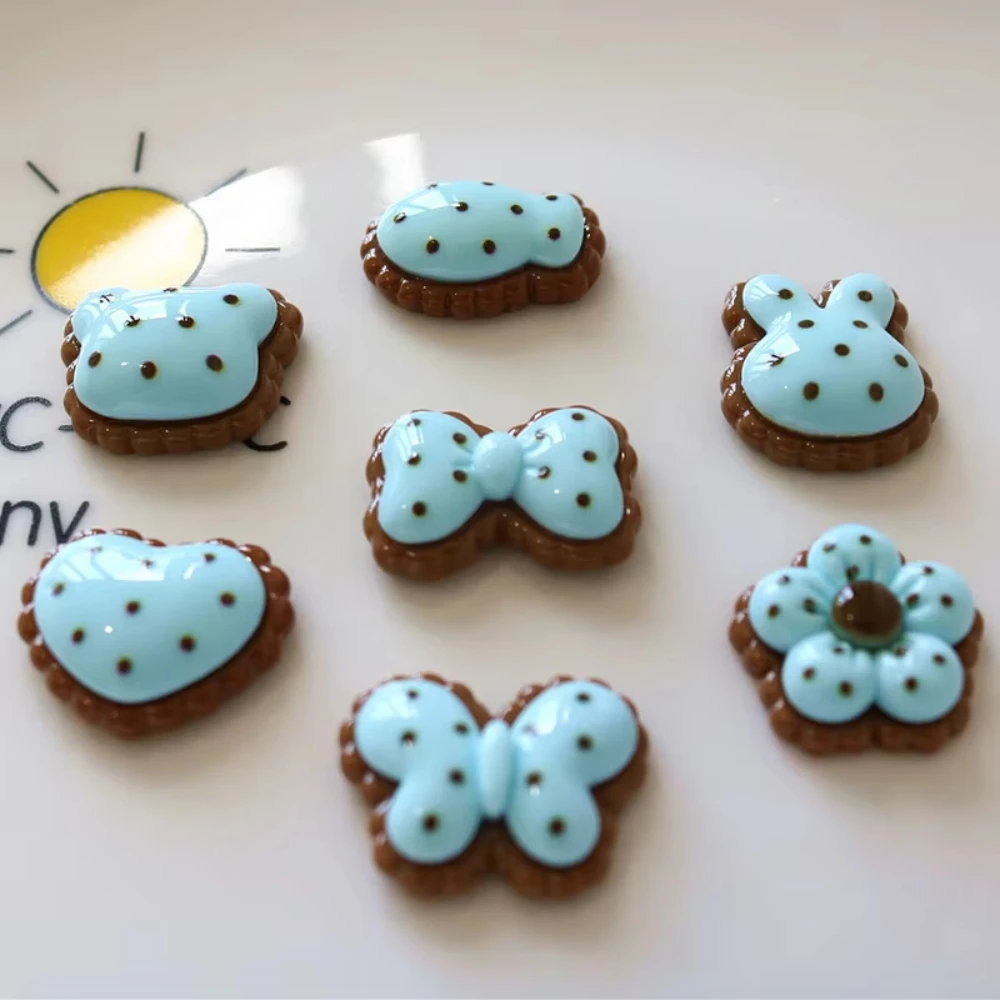 10/20PCS Kawaii Blue Brown Resin Charms 8 Styles Bear Rabbit Heart Bow Flower Fish Flatback DIY Craft
