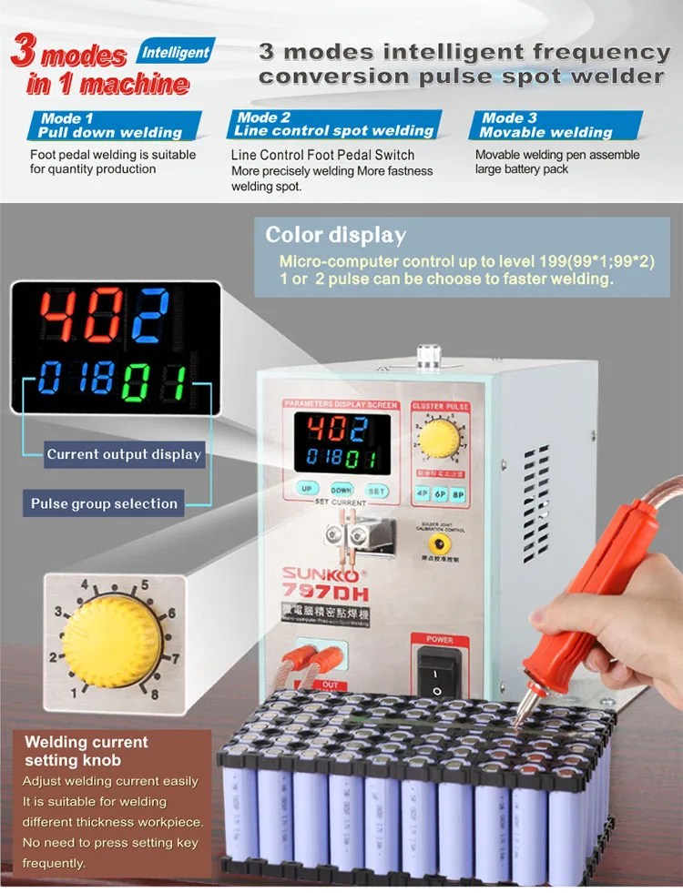 SUNKKO 18650 배터리 스폿 용접기, 최대 0.35mm 정밀 펄스 용접기 두께, 3.8KW 고출력 스폿 용접기, 797DH
