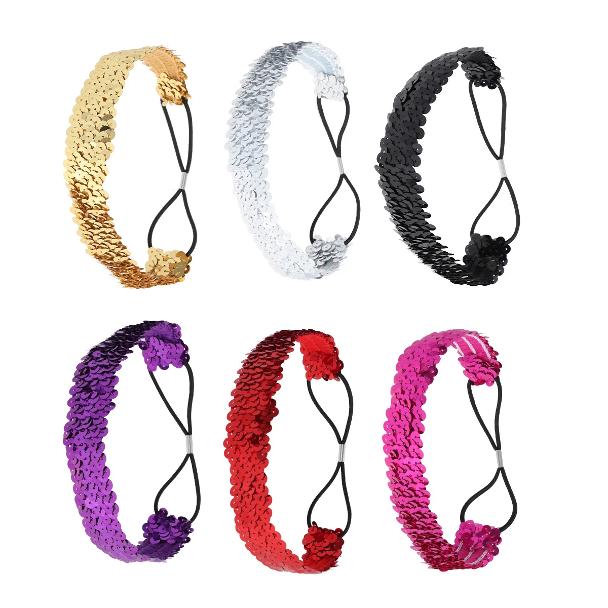 

6Pcs Shiny Mermaid Sequin Hairbands Elastic Headbands Black Silver Gold Rosy Red Purple for Women Girls Party Prom Dance
