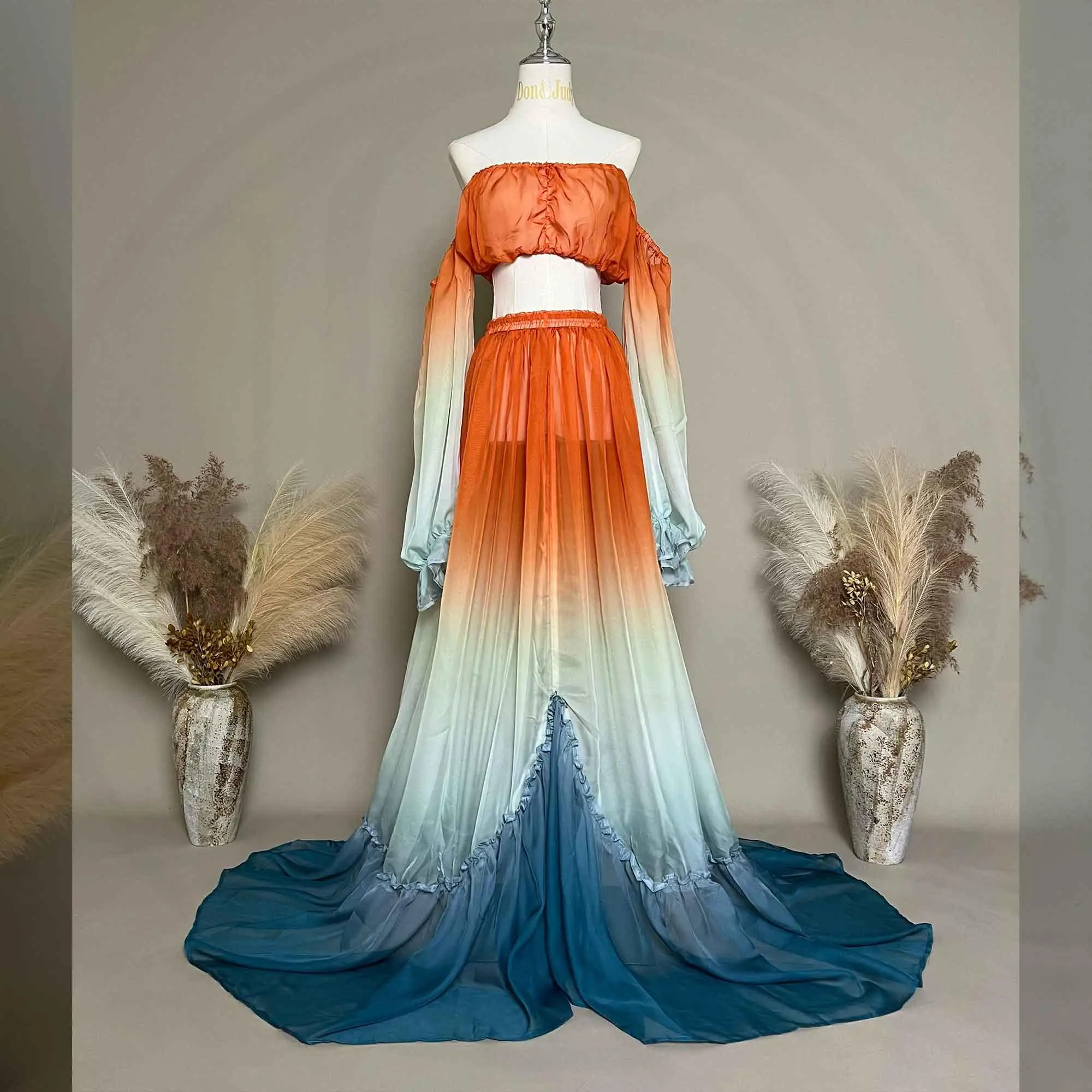 

Don & Judy Элегантный комплект из двух предметов для беременных с открытыми плечами, укороченный топ, юбка с рюшами и высокой талией для беременных женщин