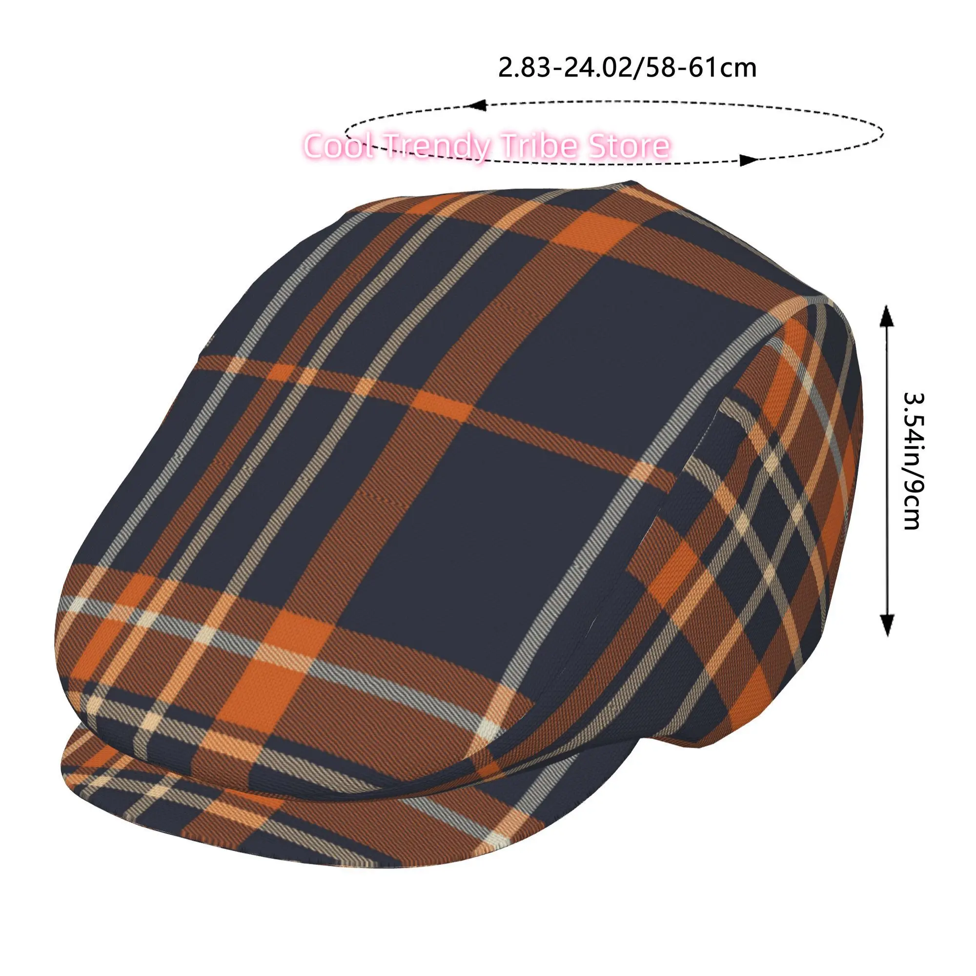 1pc of Navy Blue And Orange Checkered Beret with a Full Face Print, a Stylish Newsboy Cap Suitable for Both Genders, Perfect for