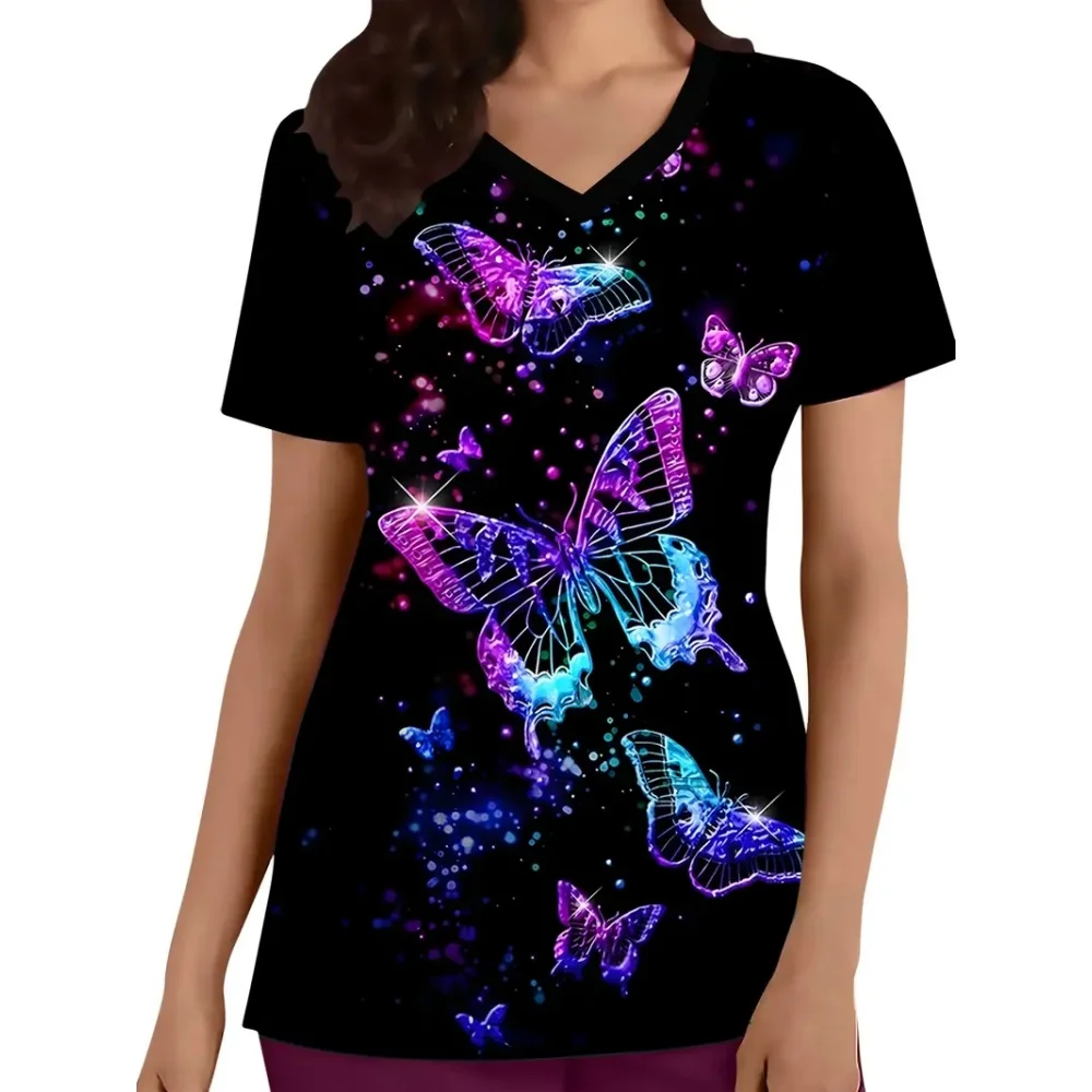 Uniforme clinique pour femmes, mode imprimé papillon, col en v, gommage dentaire pour femmes, microstretch, uniforme d'infirmière à manches courtes, été
