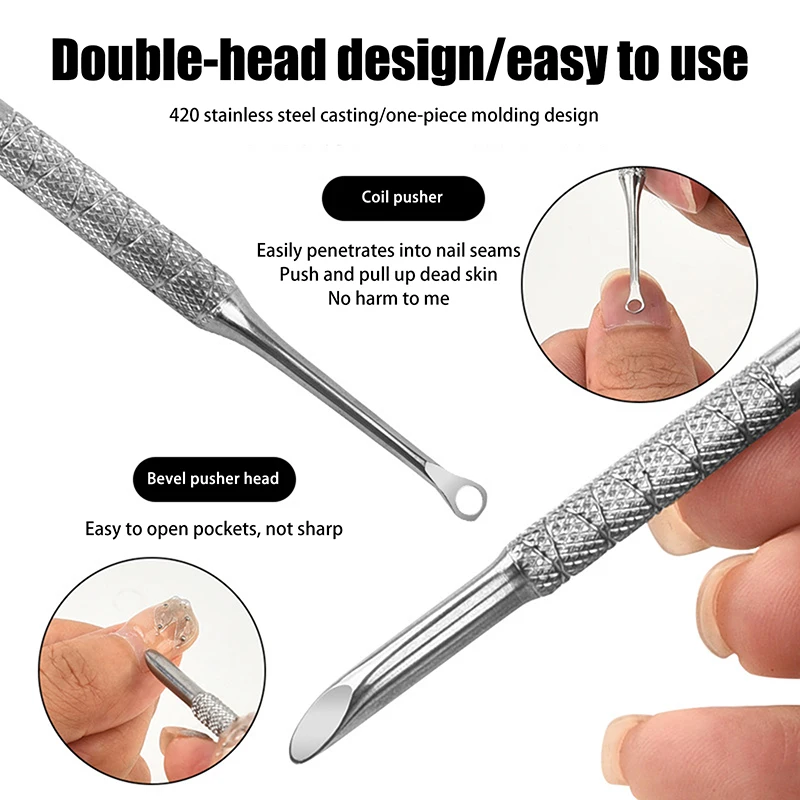 Double-Headed Stainless Steel Cuticle Remover Nail Pusher Exfoliating Prep Tool Clean Dead Skin Circle Bevel Shovel Manicure Pen