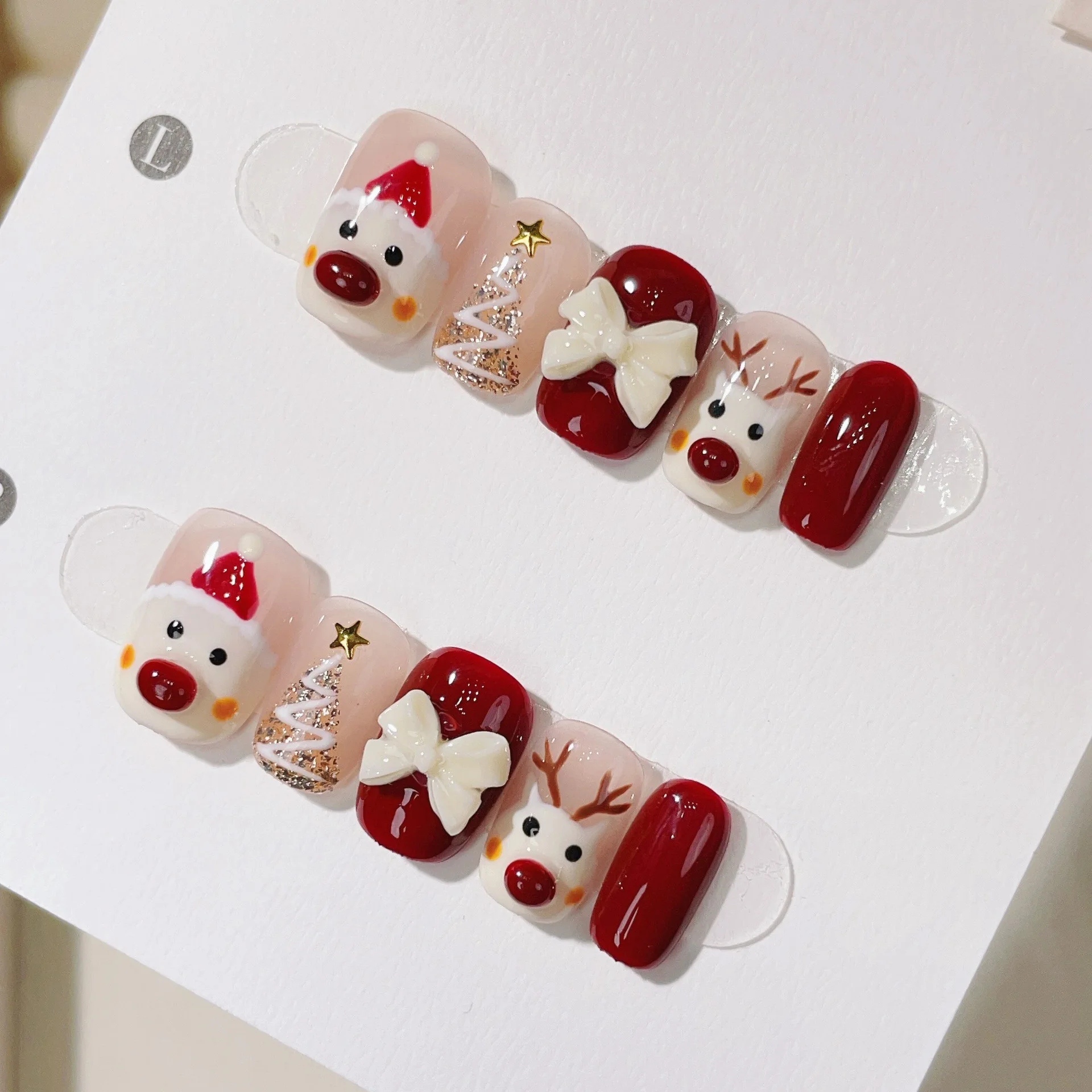 

10pcs/set Festive Press-On Nails Set - Handcrafted Christmas Reindeer & Tree Design with Glitter Accents and 3D Bow False Nails