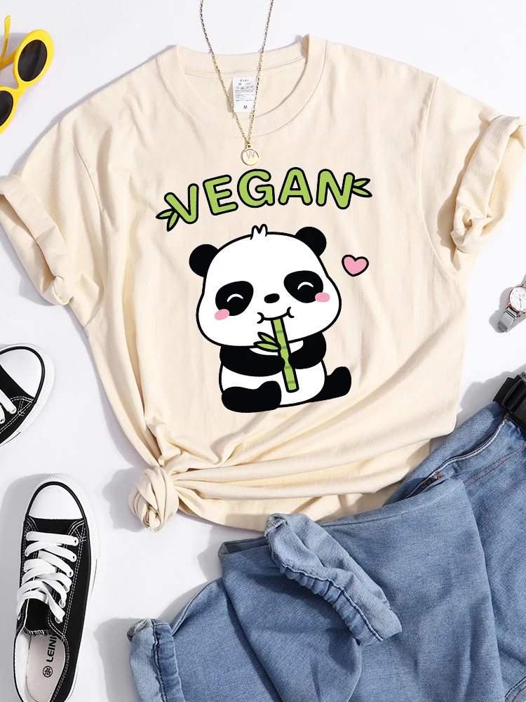 Vegan Panda Loves To Eat Bamboo Female T-Shirt Street Breathable Crop Top Casual Sweat Sport Clothes Summer O-Neck T Shirt Women