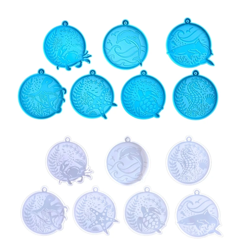 

7Pcs Round Keychain Drop Moulds Diy Marine Animal Hippocampus Octopuses Whale Key Pendant Silicone Mould for Crafts