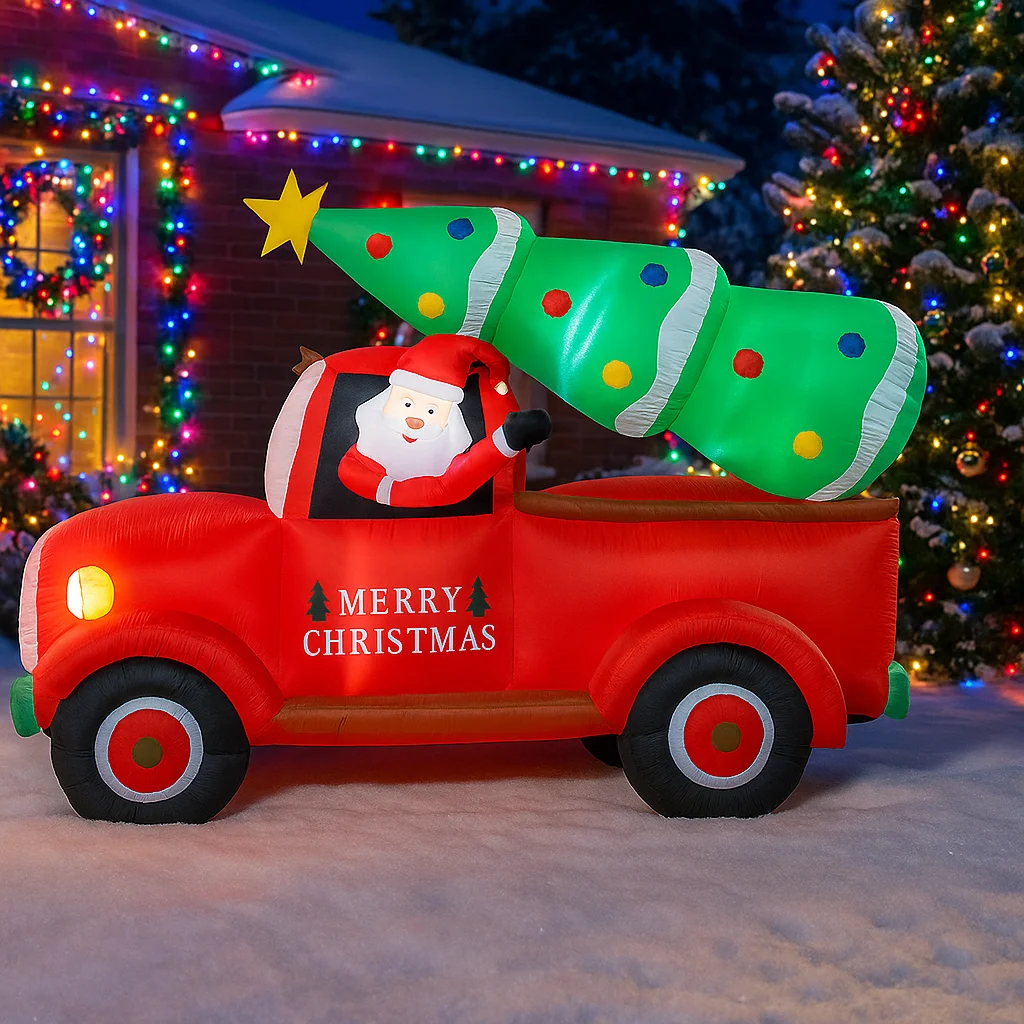 2.2M/7.2FT Opblaasbare Kerstman in Rode Vrachtwagen met Boom Licht LED Home Decor Speelgoed Tuin Kerstvakantie benodigdheden Outdoor Opblaasbare Decor
