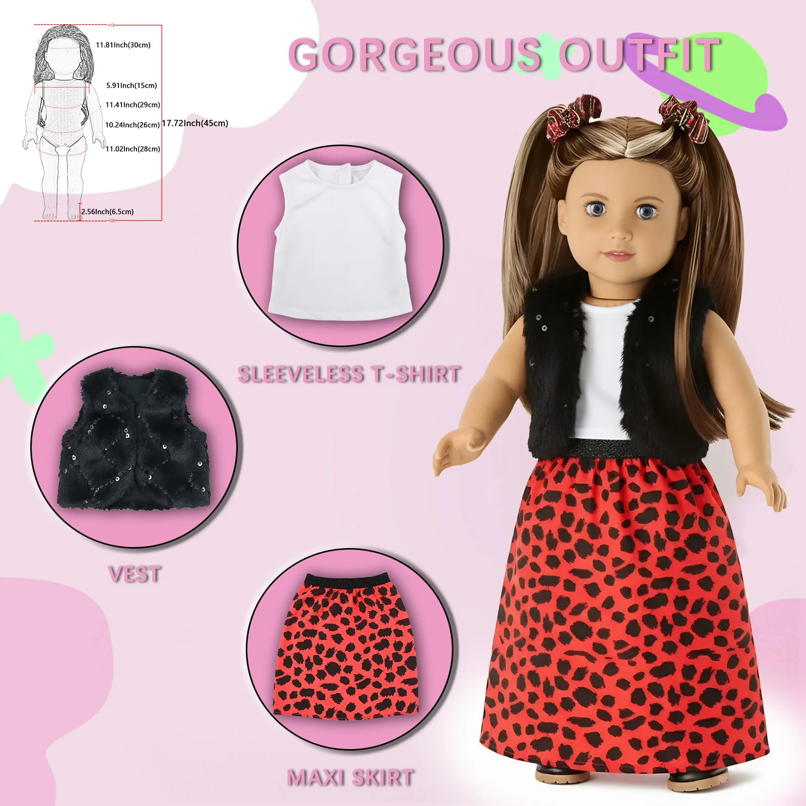 

3 шт./компл. леопардовый принт с черным блестящим жилетом для куклы Born Baby Reborn 43 см, аксессуары для одежды, 18-дюймовая кукла, игрушки для девочек