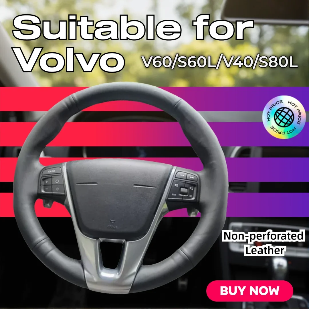 Hand-Sewn Full Wrap Non-Perforated Genuine Leather Steering Wheel Cover Specially Fit for Volvo V60 S60L V40 S80L