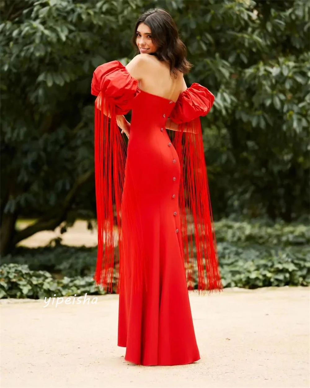 Jersey Draped Pleat Tassel Engagement Mermaid Strapless Bespoke Occasion Gown Long Dresses