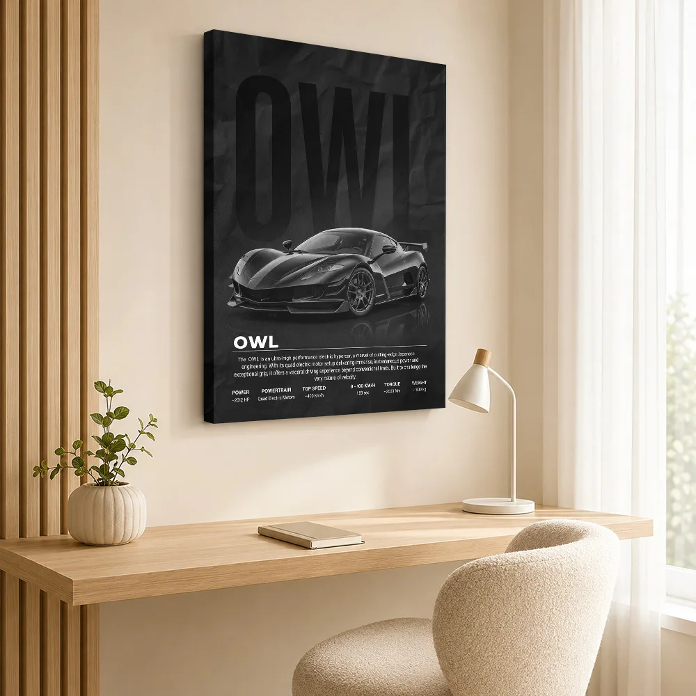 Black Sleek Japanese Owl Electric Hypercar Framed Canvas Print Poster Personalized Photo Bold Garage Wall Paintings Decoration