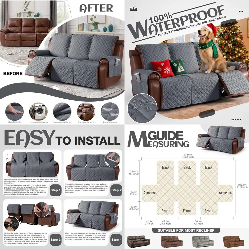

Waterproof 3-Seat Recliner Sofa Cover, Non-Slip Couch Protector for Pets and Kids, Dark Gray