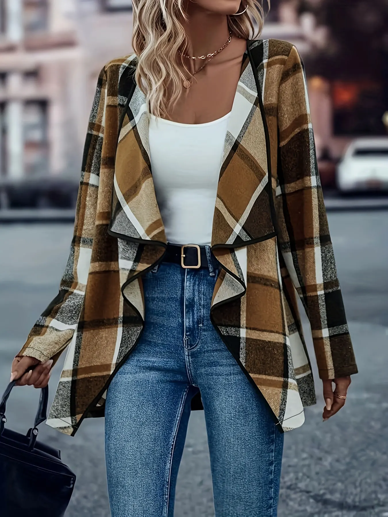 Chaqueta informal de talla grande tejida con frente abierto y manga larga con patrón a cuadros para mujer, prendas de vestir exteriores clásicas a cuadros para primavera y otoño