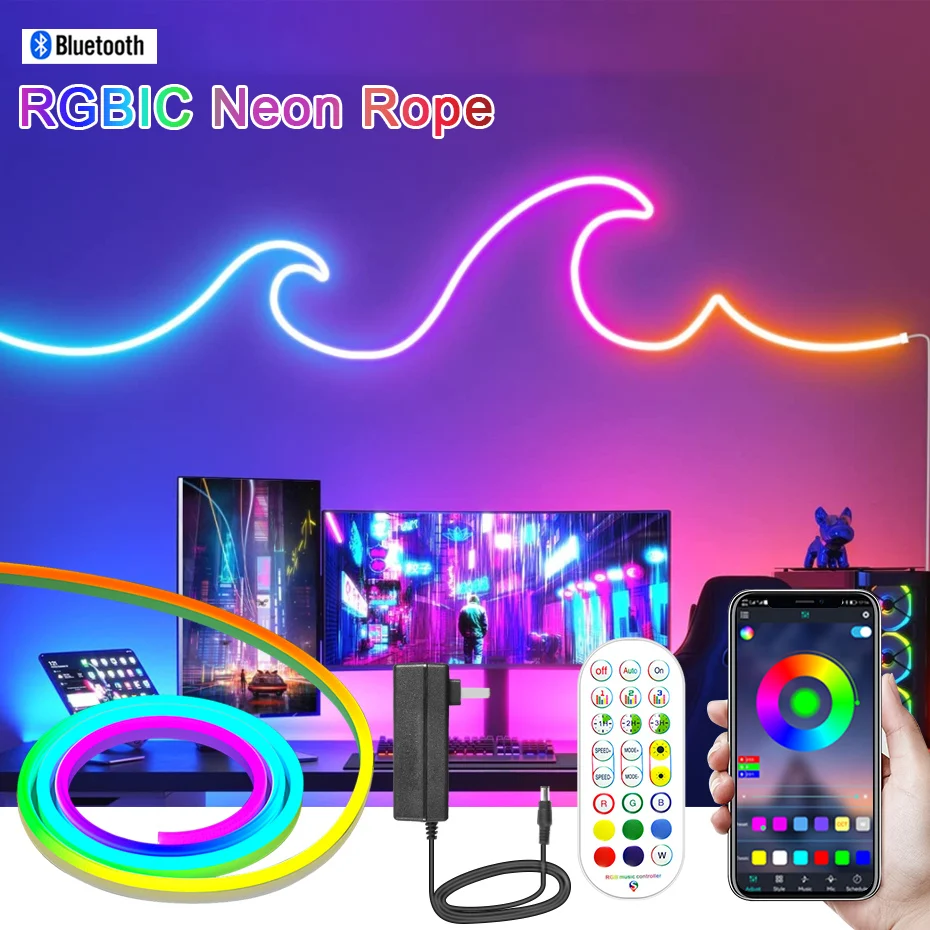 Smart Bluetooth RGBIC Neon Led Strip 5M 10M 12V Waterproof RGB IC Full Color Led Neon light Music Sync Bars Gaming Room Decor