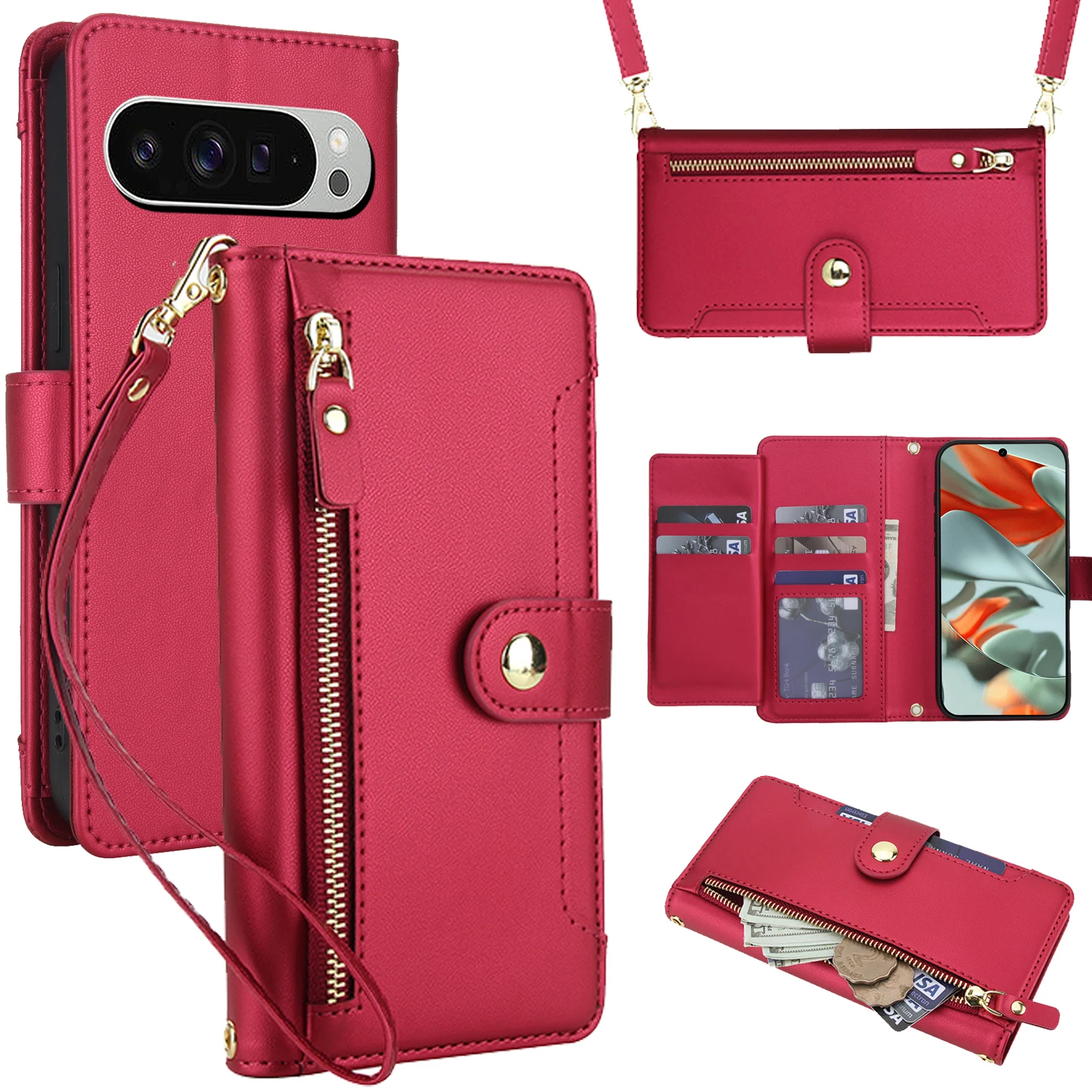 Crossbody Zipper Leather Wallet Flip Case For Google Pixel 10/10 Pro 8 8Pro 9A 9 Luxury RFID Stand Book Long Lanyard Bag Cover