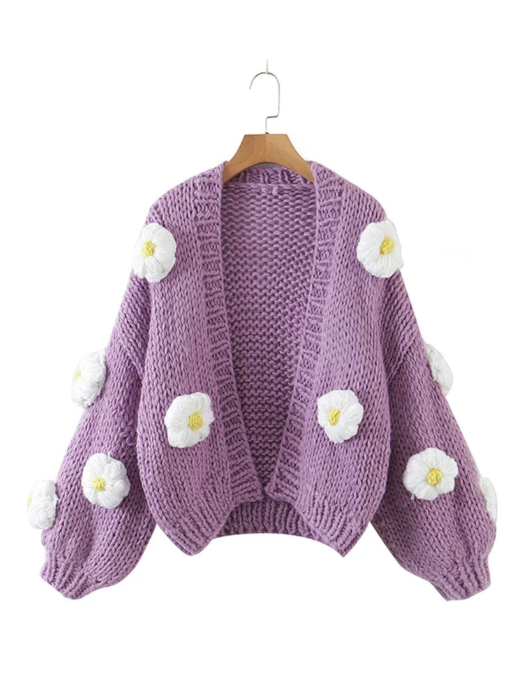 Fashion 3D Flower Knitted Cardigan for Women Elegant V Neck Open Stitch Knitting Coat 2024 Autumn New Female Long Sleeve Sweater