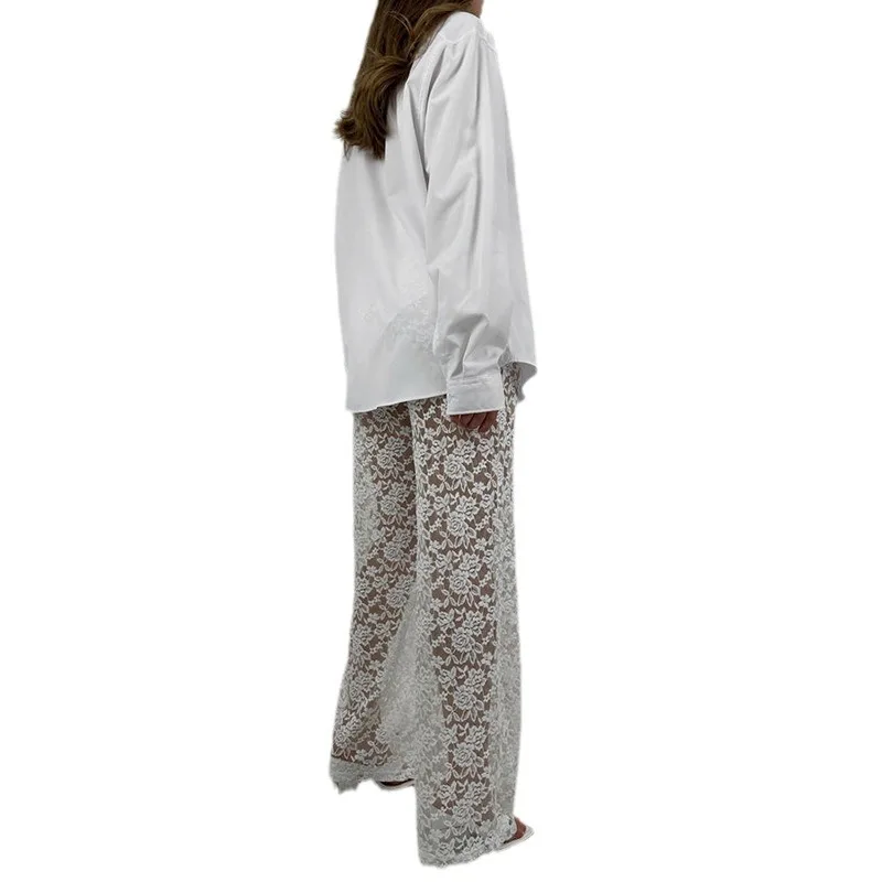 Sexy Versatile Long Straight Leg Pants Women's High Waist Lace See through Patchwork Summer Hot Sale Cross Border Style