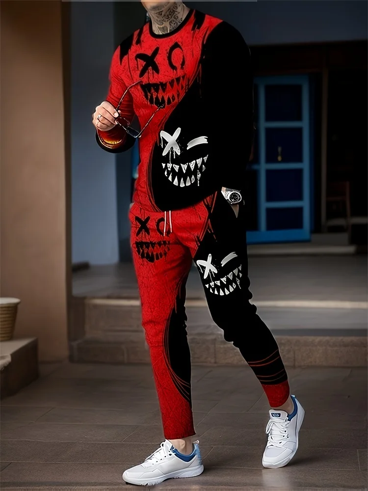 Demon Smiling Face 3D Printed Round Neck Long Sleeve 2pcs Suit Urban Street Fashion Men's Casual Shirt, Outdoor Casual Pants