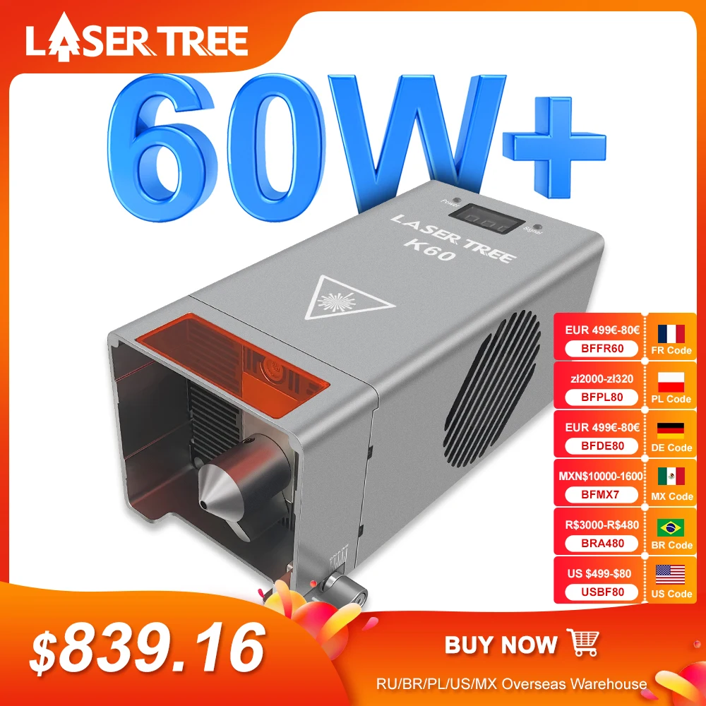 LASER TREE K60 Laser Module 60W Optical Power with Air Assist 12pcs Diodes TTL Module for CNC Engraver Cutting Wood Tools