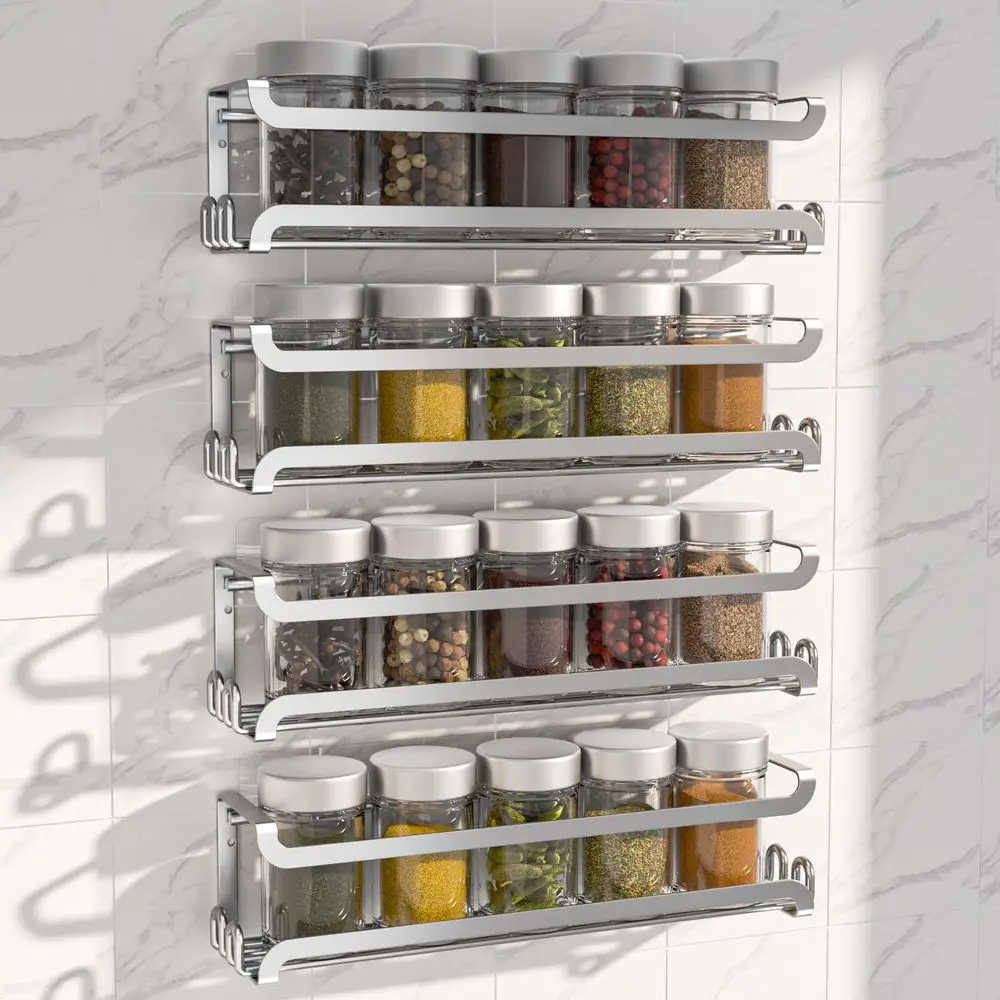 Paquete de 4 estantes para especias de pared con 16 ganchos, organizador para cocina y caravana, plateado