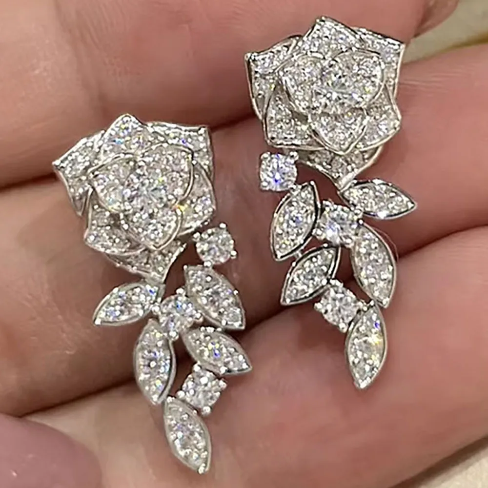 

Custom Solid 10K White Gold Women Stud Earrings Flower Wedding Anniversary Engagement Party Moissanite Diamond Drop Earrings