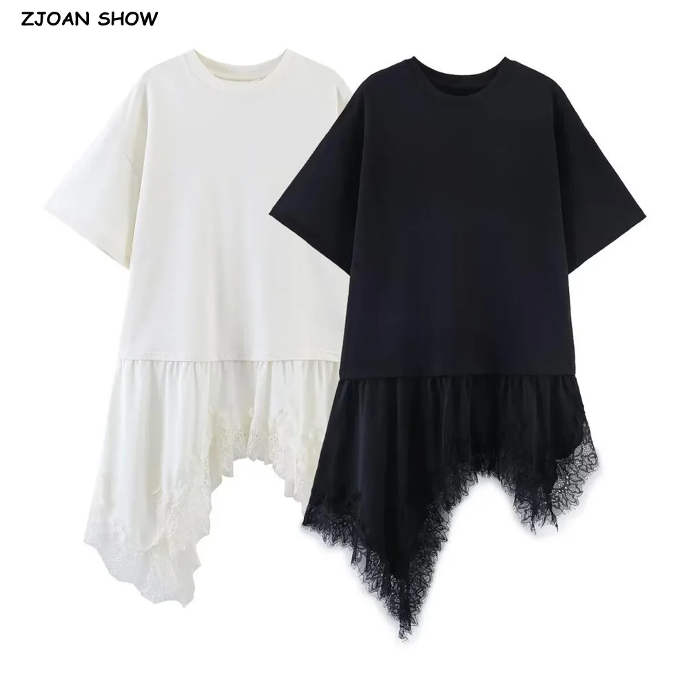 

Летняя женская трикотажная хлопковая футболка с кружевной отделкой по низу, коротким рукавом, асимметричным свободным кроем, круглым вырезом, повседневная, для девушек, белая, черная