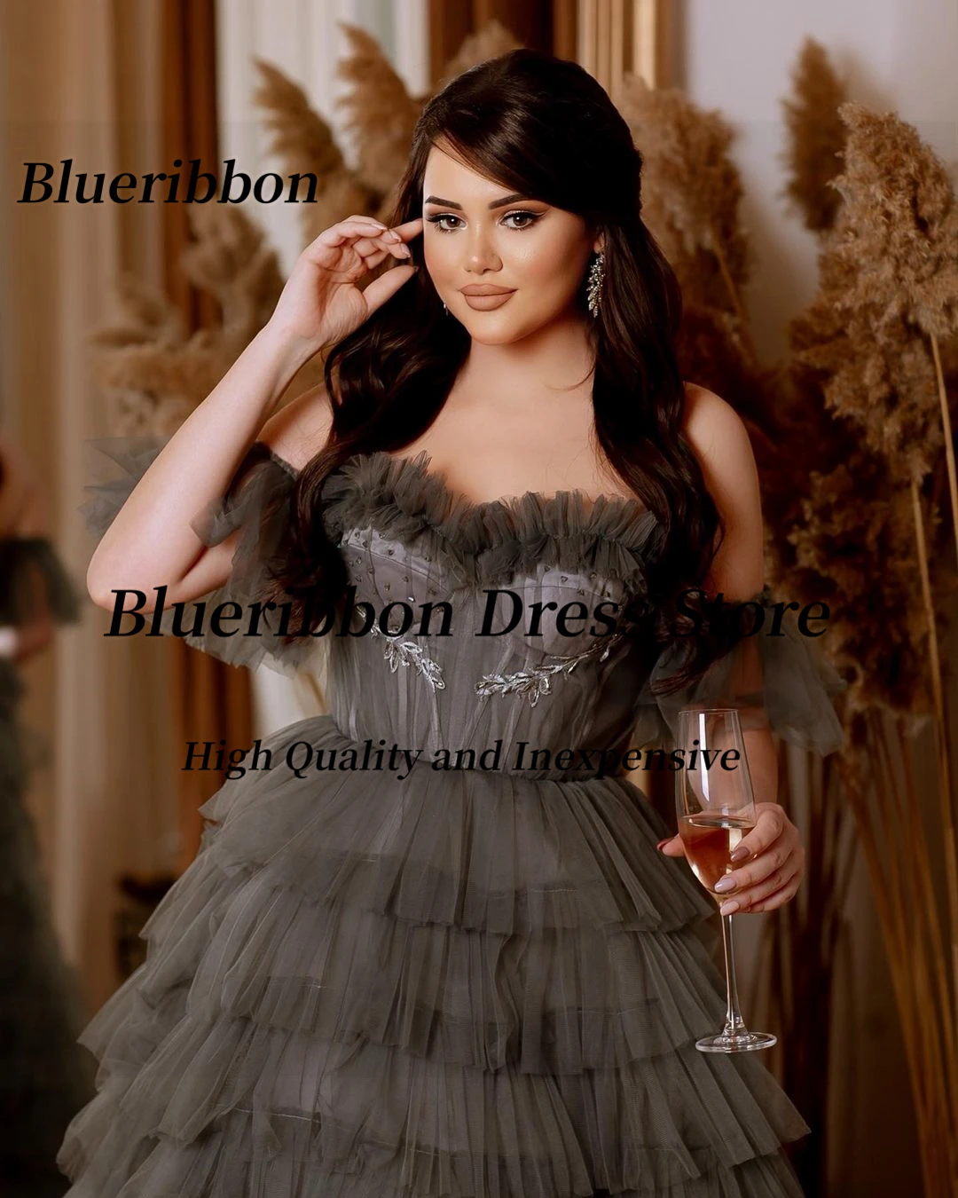 Blueribbon المتدرج تول فساتين لحضور الحفلات الموسيقية مخصصة قبالة الكتف حفلة تنكرية مأدبة ثوب للنساء الدانتيل حتى الظهر مساء اللباس #4