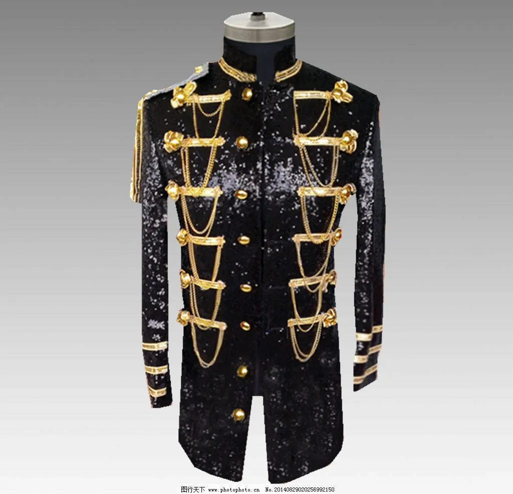 

New Gentlemen Fashion Costume for Performance Military Uniform Sequins Blazer with Golden Chains Male Casual Tuxedo Coat Trench