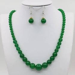 6-14mm Green Malay Quartz Jade Necklace Chain Earring Sets Round Beads Women Jewelry Party Gifts Chalcedony 15inch Natural Stone