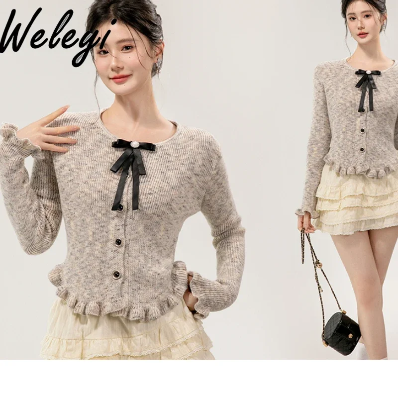 

Spring Autumn Ruffled Bow Sweater Ladies Sweet 2024 New Korean Style Women's Long Sleeve Short Pink Knitted Cardigan Femme