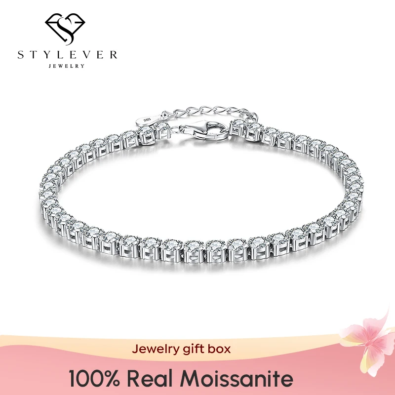 Stylever Real Moissanite Diamond Tennis Bracelet for Women 925 Sterling Silver Plated White Gold Eternity Wedding Fine Jewelry