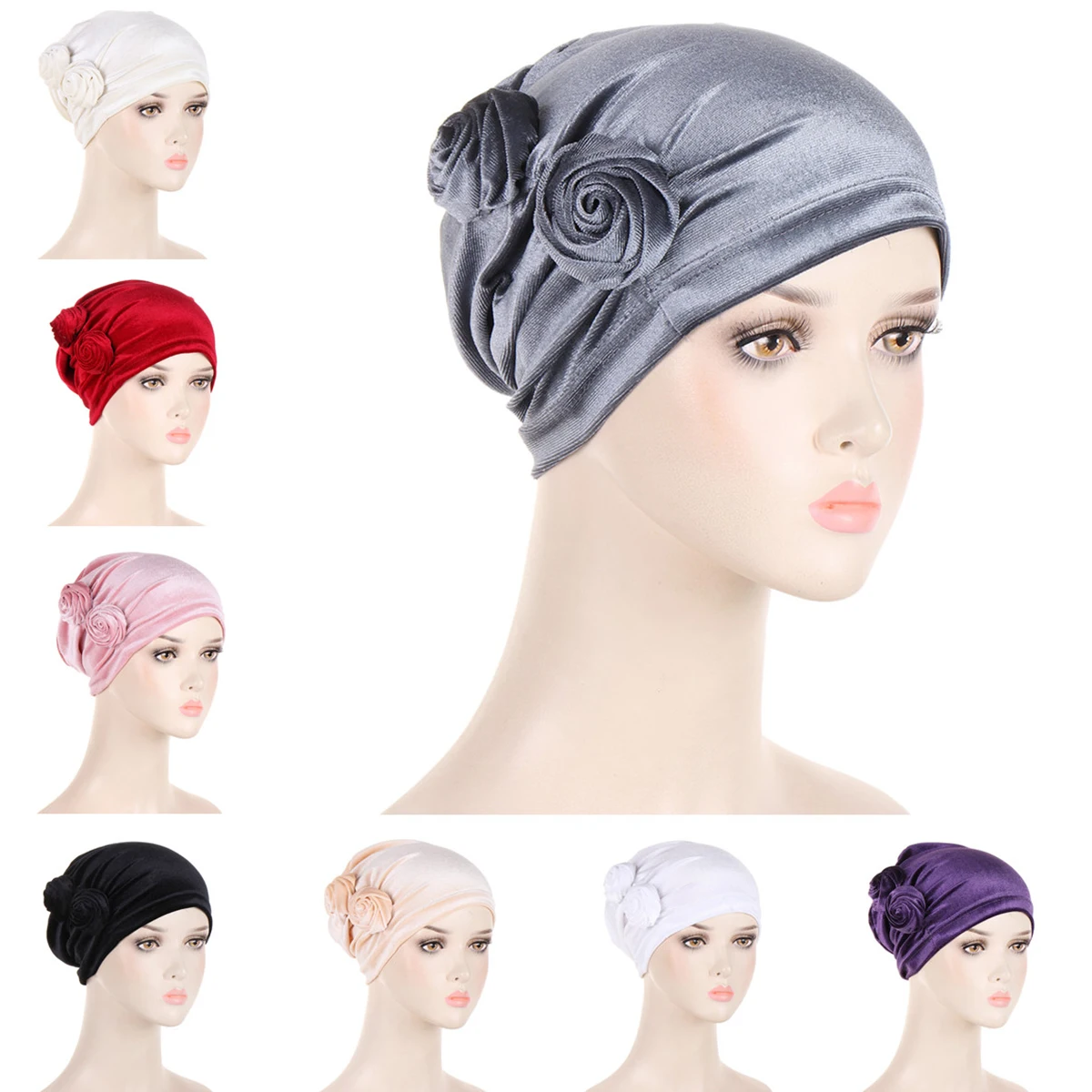 Multicolored Velvet Flowers Turban Cap Women Muslim Hijab Islamic Chemo Cap Head Scarf Ladies Head Wrap Cover Hijab Scarf